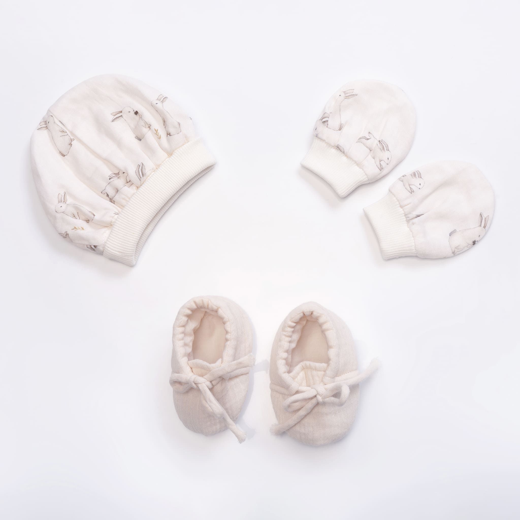 Enchanted Bunny Muslin Cap Mittens and
Booties SetBooties Set